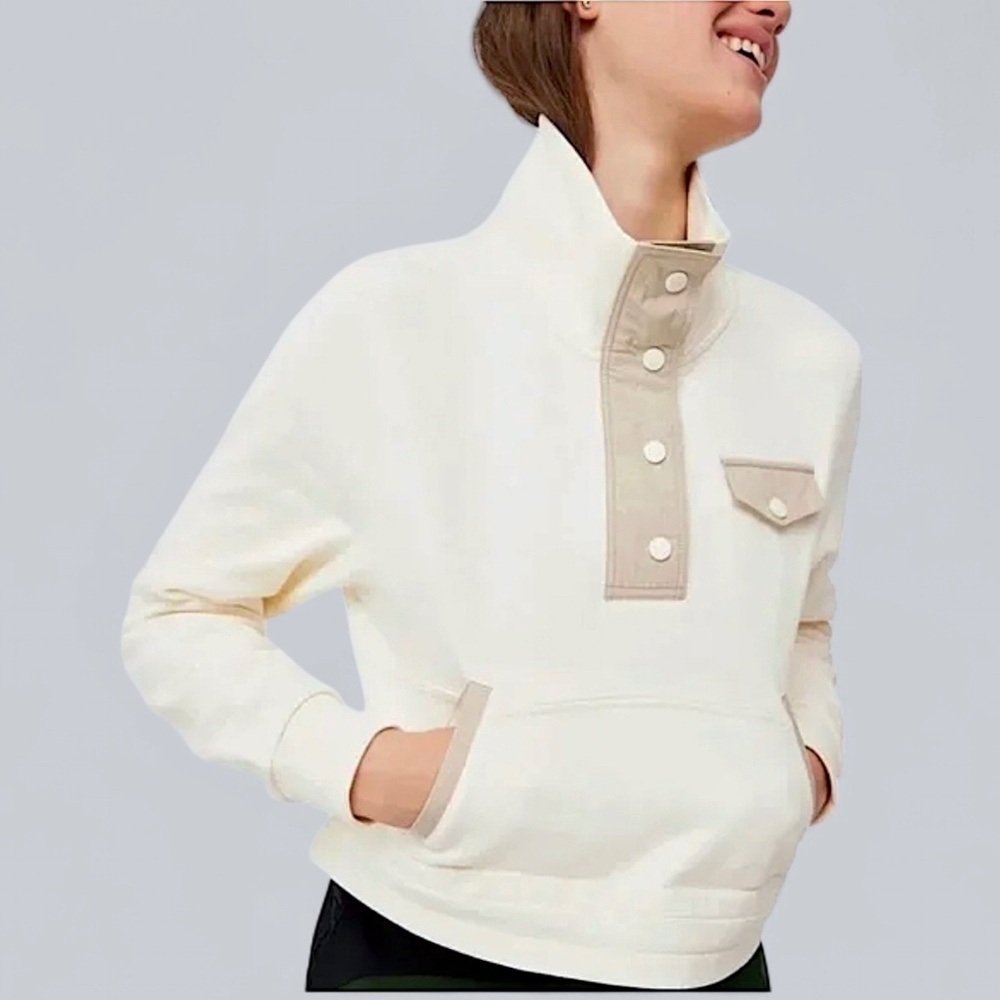 OUTDOOR VOICES Cropped Terry Snap Sweatshirt Jacket Cream